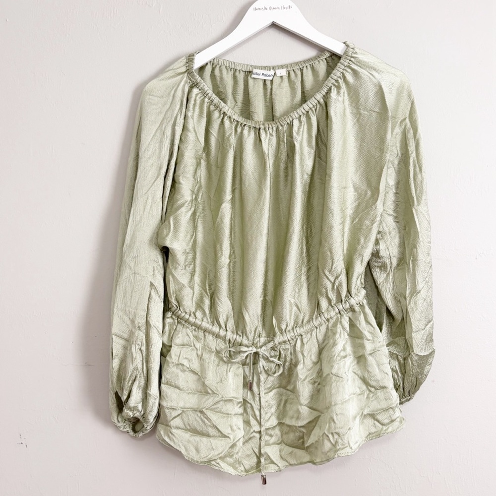 ROLLER RABBIT Women’s Sage Green Textured Silk LINDEN Blouse Drawstring Waist S